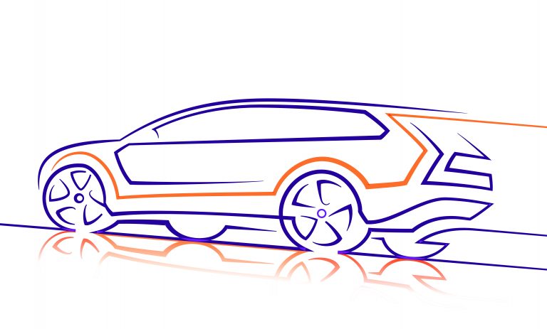one line image of a car in blue and orange with a white background and filler